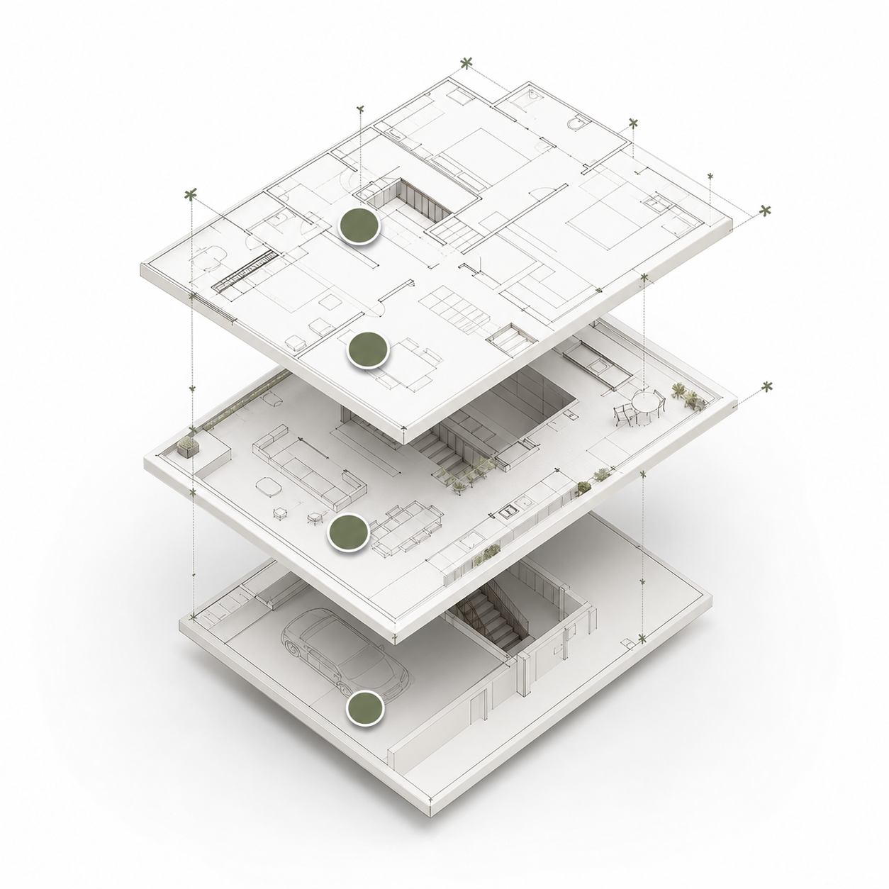 Stacked architectural plan sheets